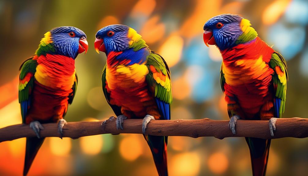 colorful lorikeets at sunset
